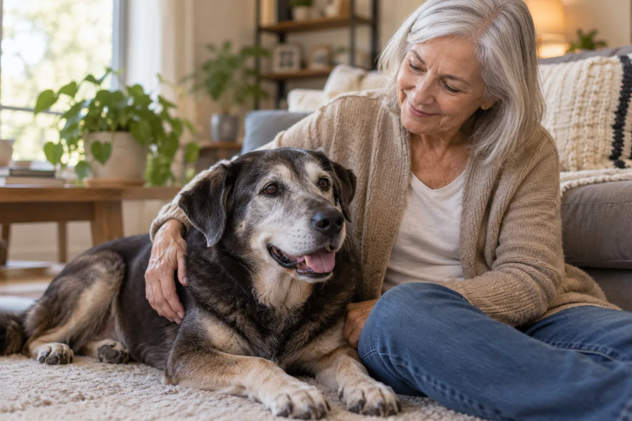 Owner sitting with a dog at home