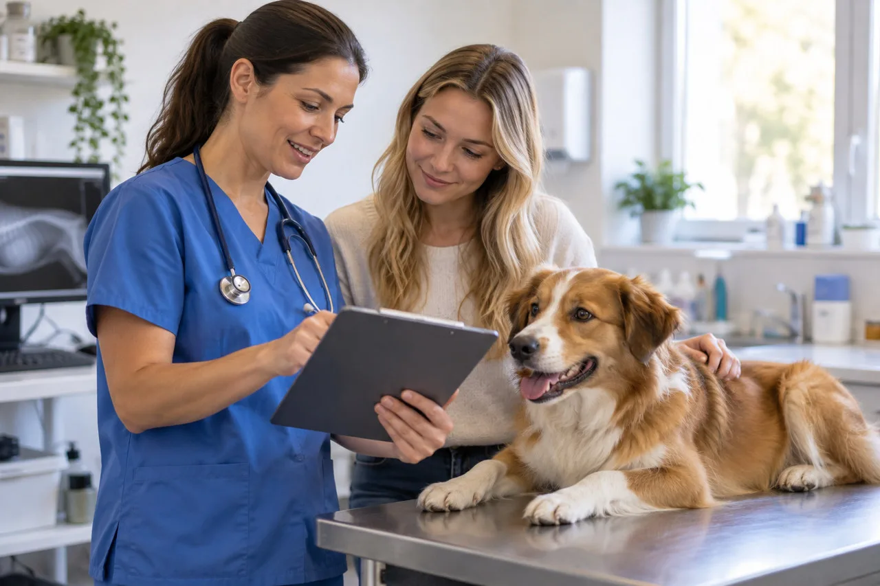 Veterinarian reviewing a folder beside a dog and its owner